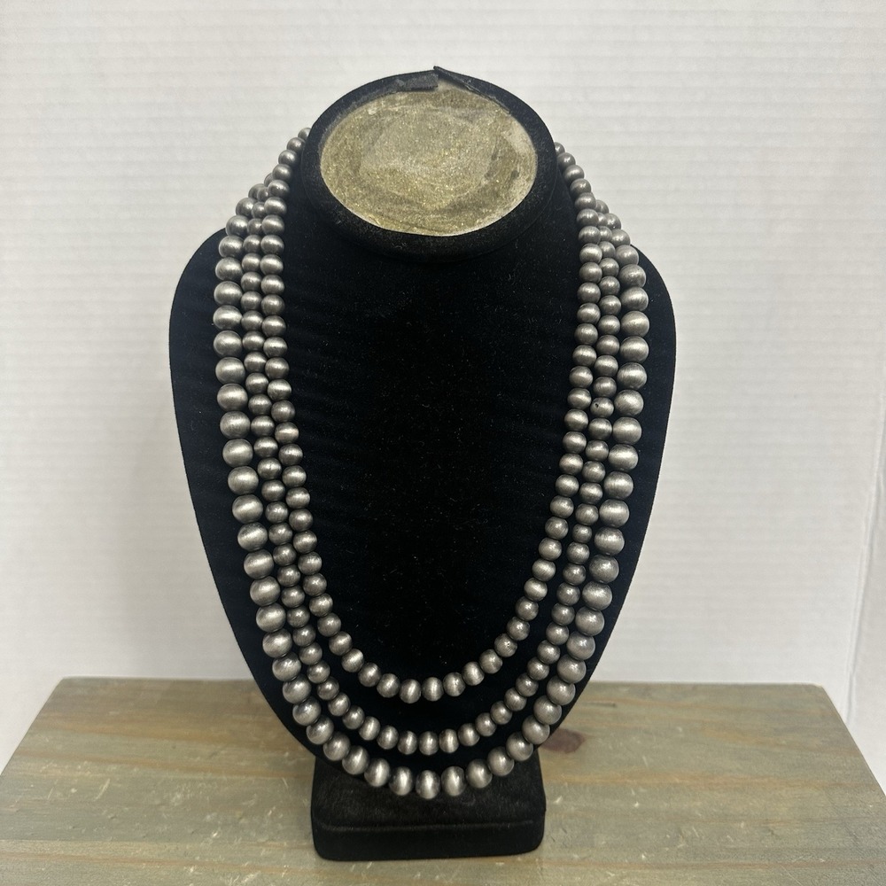 Faux Navajo Style Pearl Triple Layer Necklace Western Cowgirl Boho Silver 20"